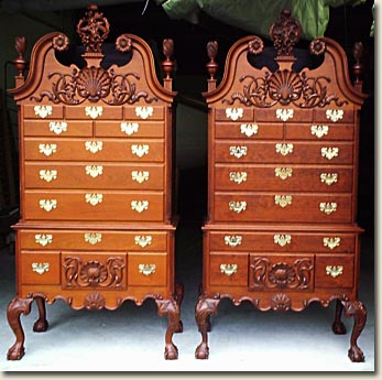 image of two Philadelphia bonnet top highboys, mahogany and cherry